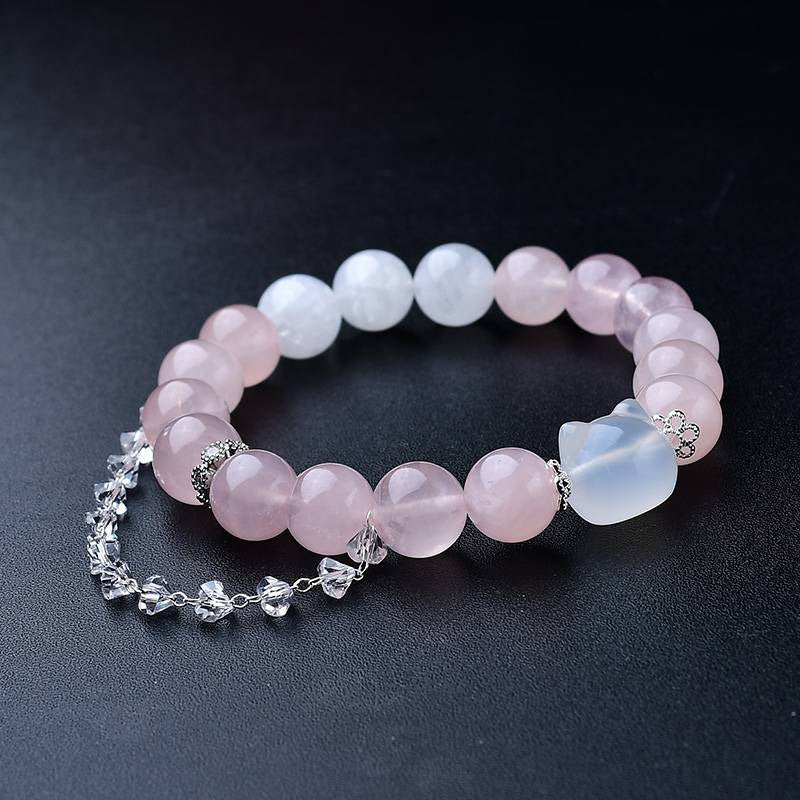 Rose Quartz and Snowflake Phantom Quartz Kitty Bracelet - Dream And Brush Crystals