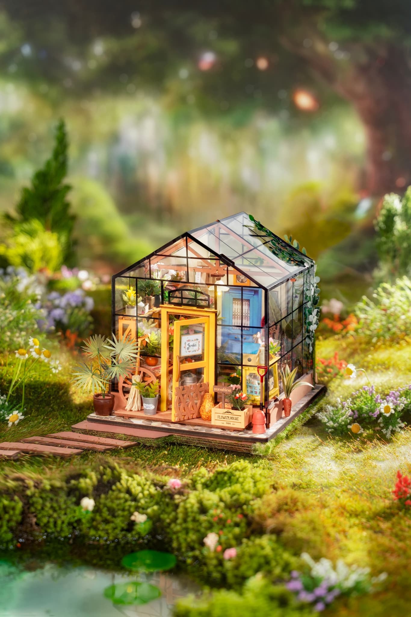 Rolife Cathy's Flower House DIY Miniature Dollhouse Kit | LED Lighted Greenhouse Model