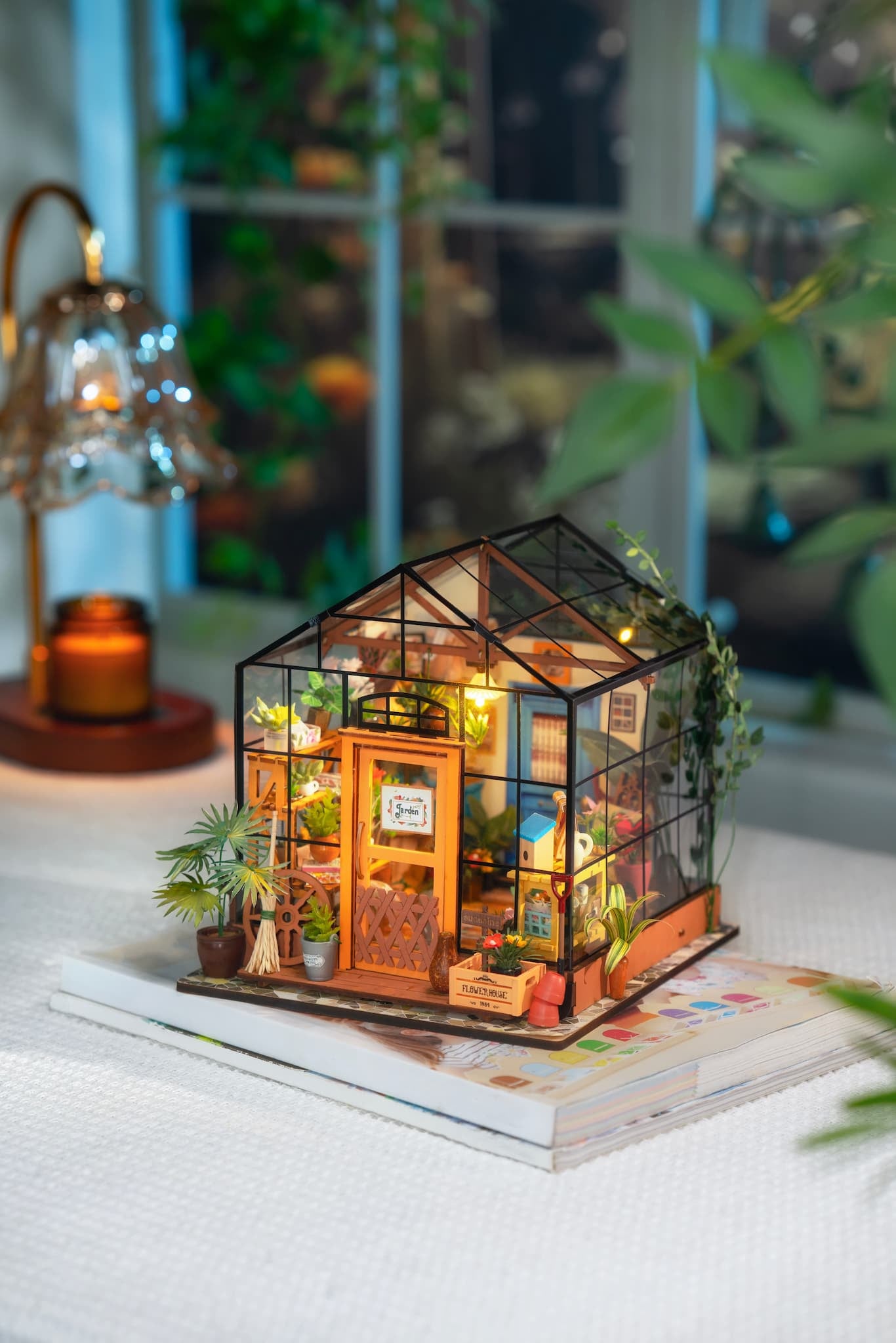 Rolife Cathy's Flower House DIY Miniature Dollhouse Kit | LED Lighted Greenhouse Model