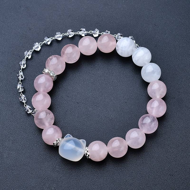 Rose Quartz and Snowflake Phantom Quartz Kitty Bracelet - Dream And Brush Crystals