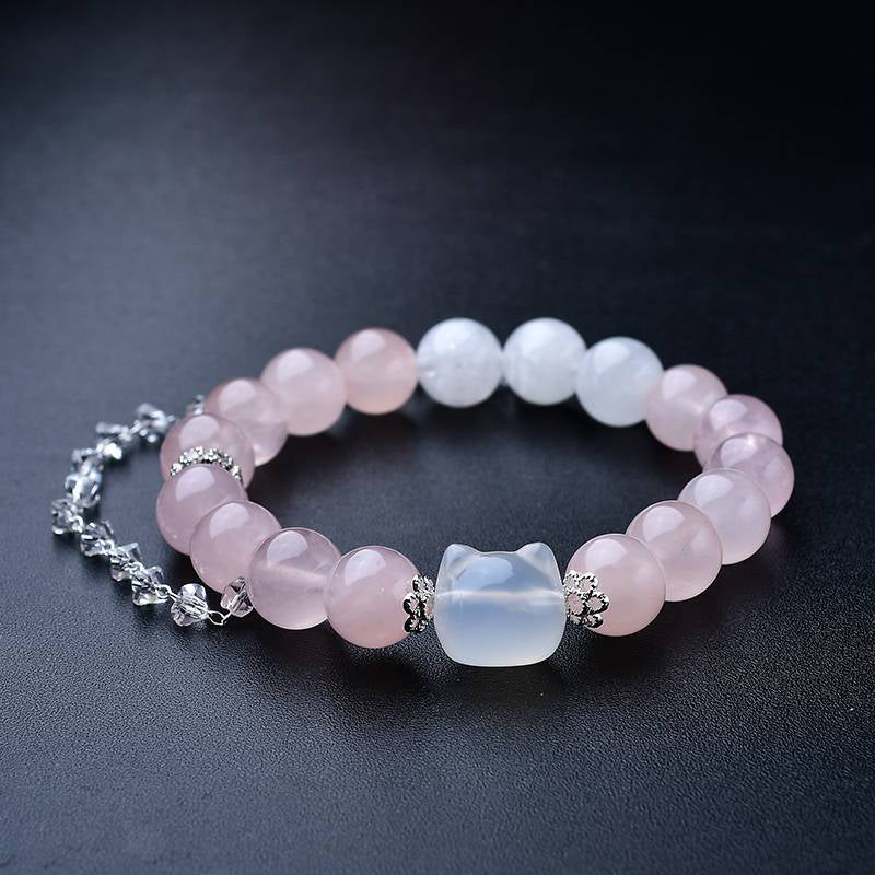 Rose Quartz and Snowflake Phantom Quartz Kitty Bracelet - Dream And Brush Crystals
