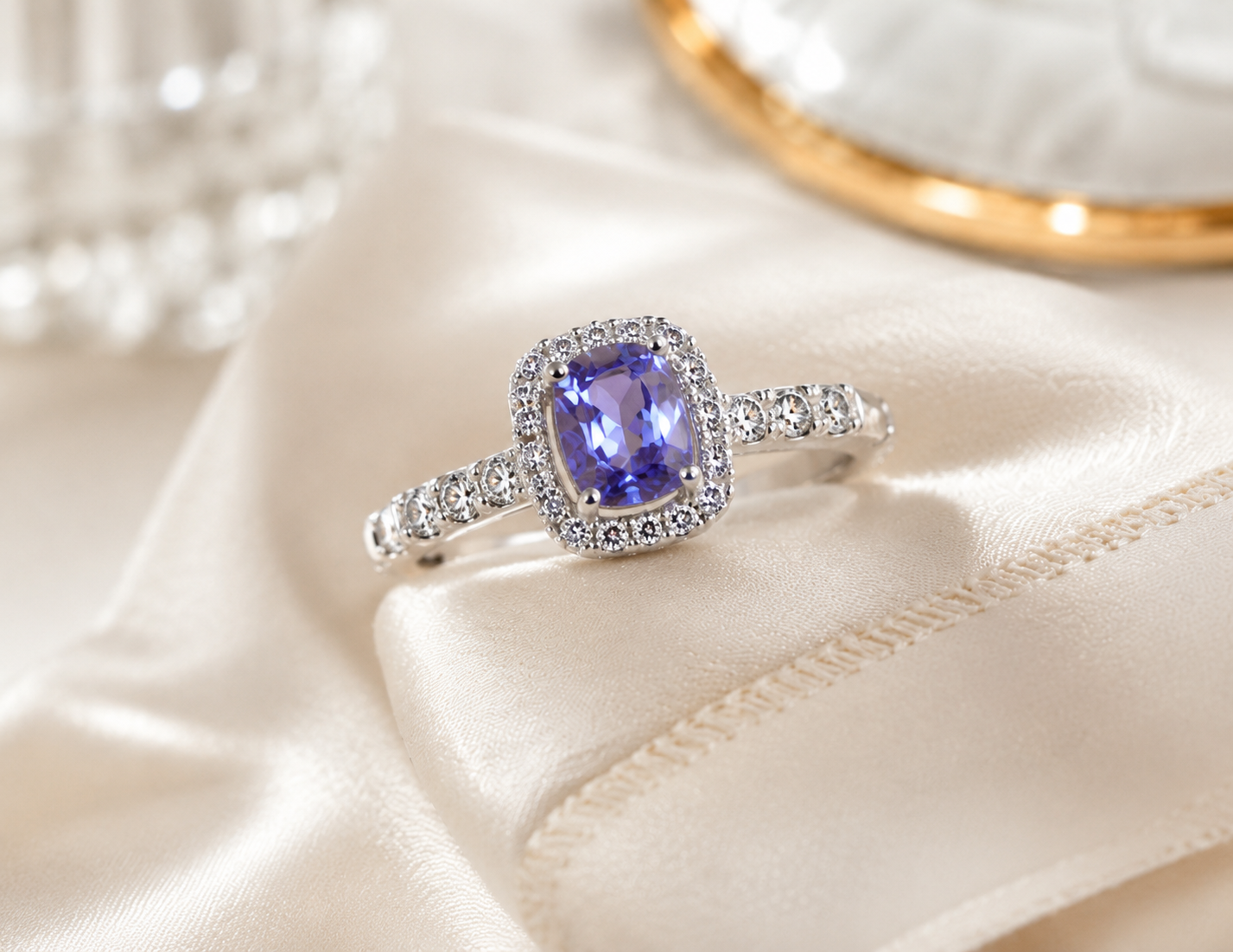 Celeste Tanzanite Halo Ring | Cushion Cut Tanzanite Ring in 925 Sterling Silver