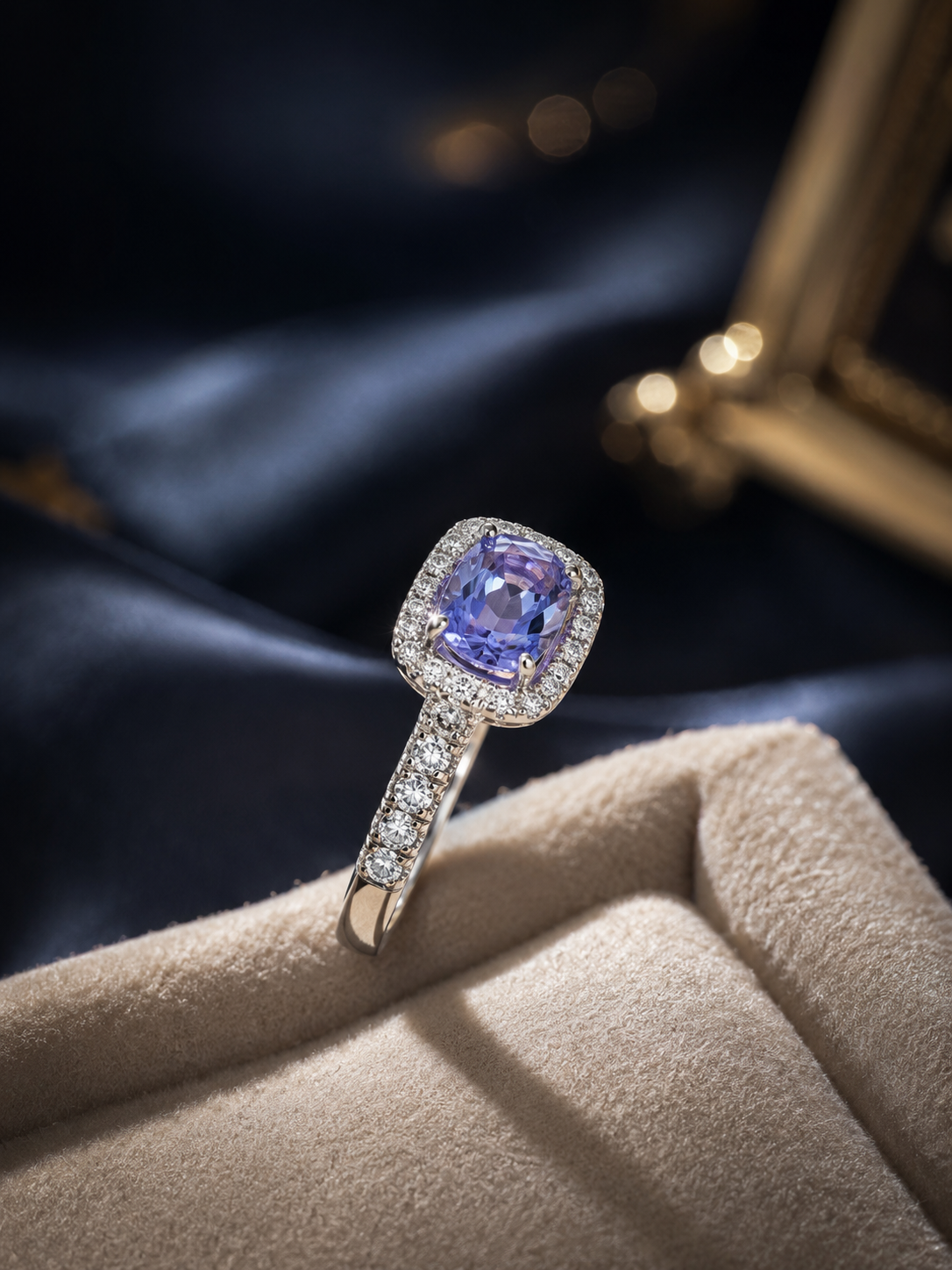 Celeste Tanzanite Halo Ring | Cushion Cut Tanzanite Ring in 925 Sterling Silver