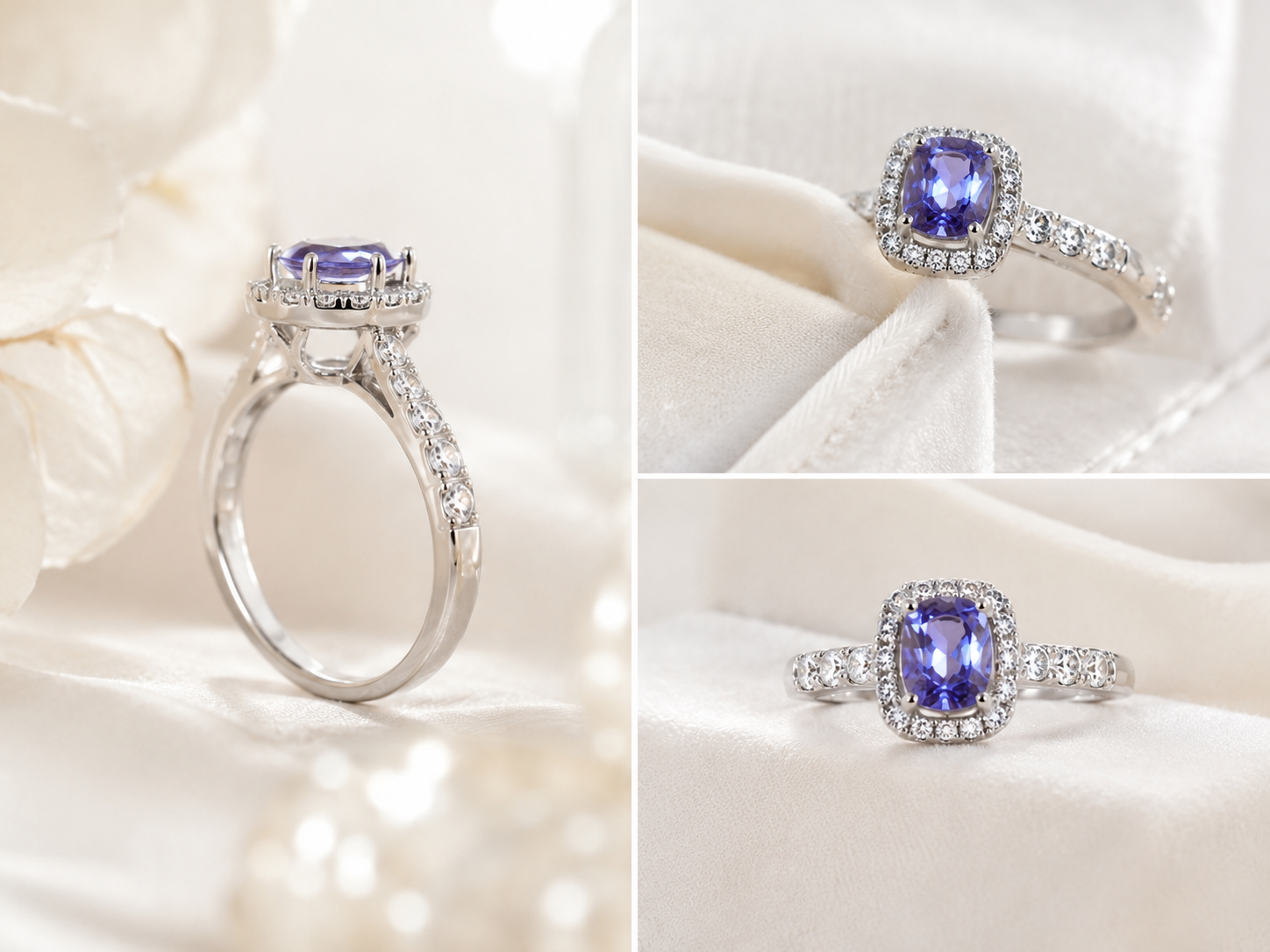 Celeste Tanzanite Halo Ring | Cushion Cut Tanzanite Ring in 925 Sterling Silver