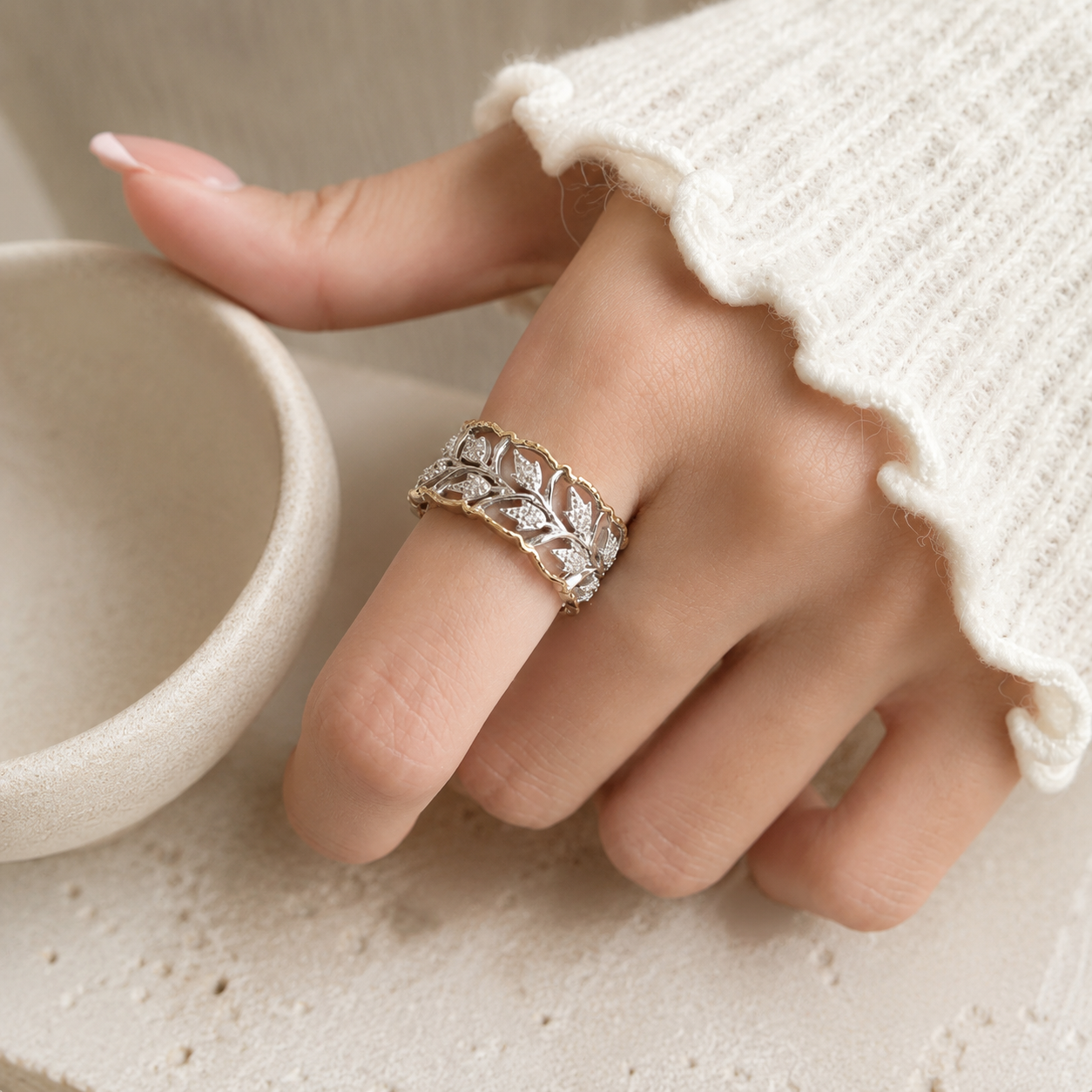 Aurora Leaf Band Ring | 925 Sterling Silver with 18K Gold Accents
