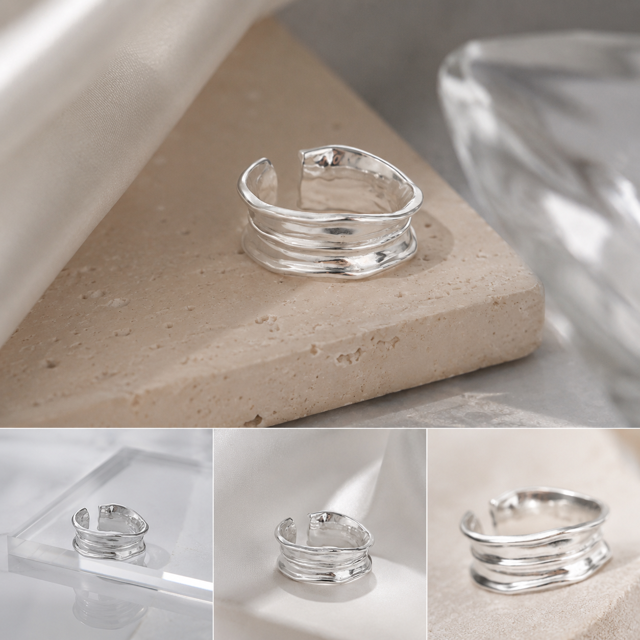 925 Sterling Silver Molten Wave Ring ｜One Size Adjustable