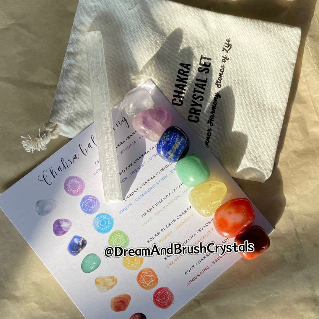 Classic 7 Chakra Healing Stone Set | Comes with 7 polished stones with a selenite stick for cleansing - Dream And Brush Crystals