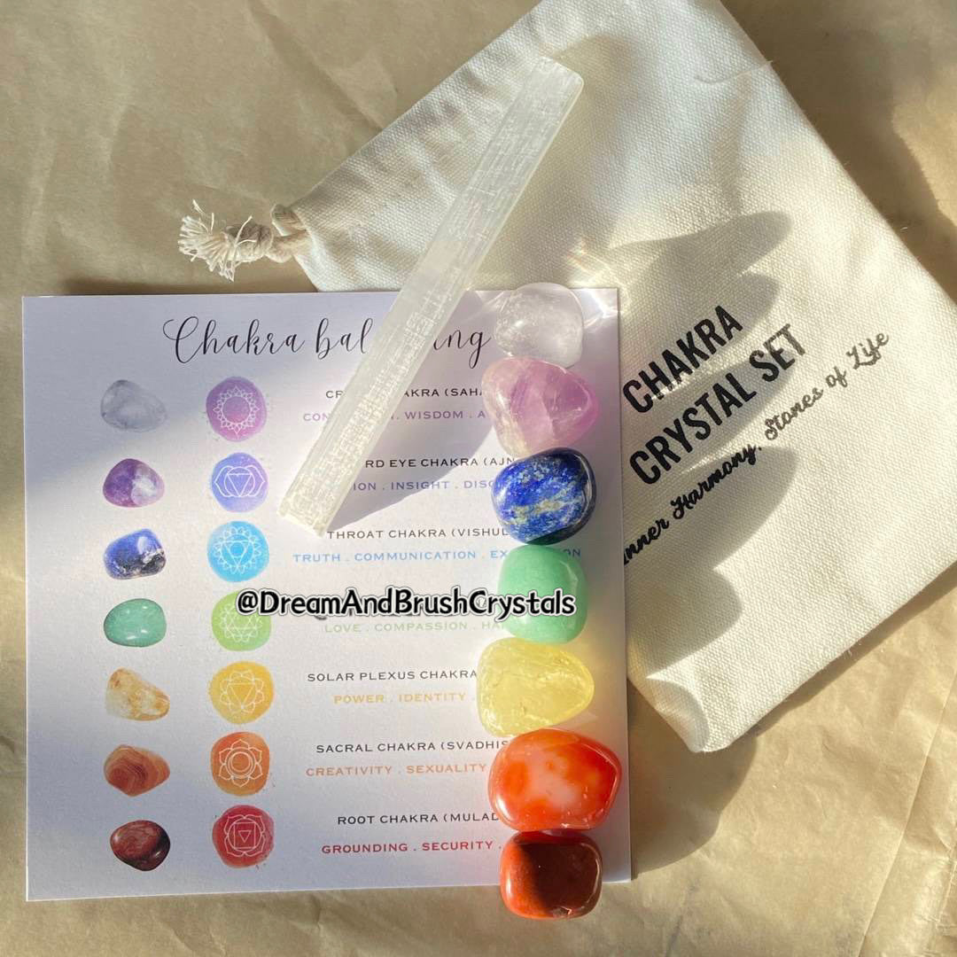 Classic 7 Chakra Healing Stone Set | Comes with 7 polished stones with a selenite stick for cleansing - Dream And Brush Crystals
