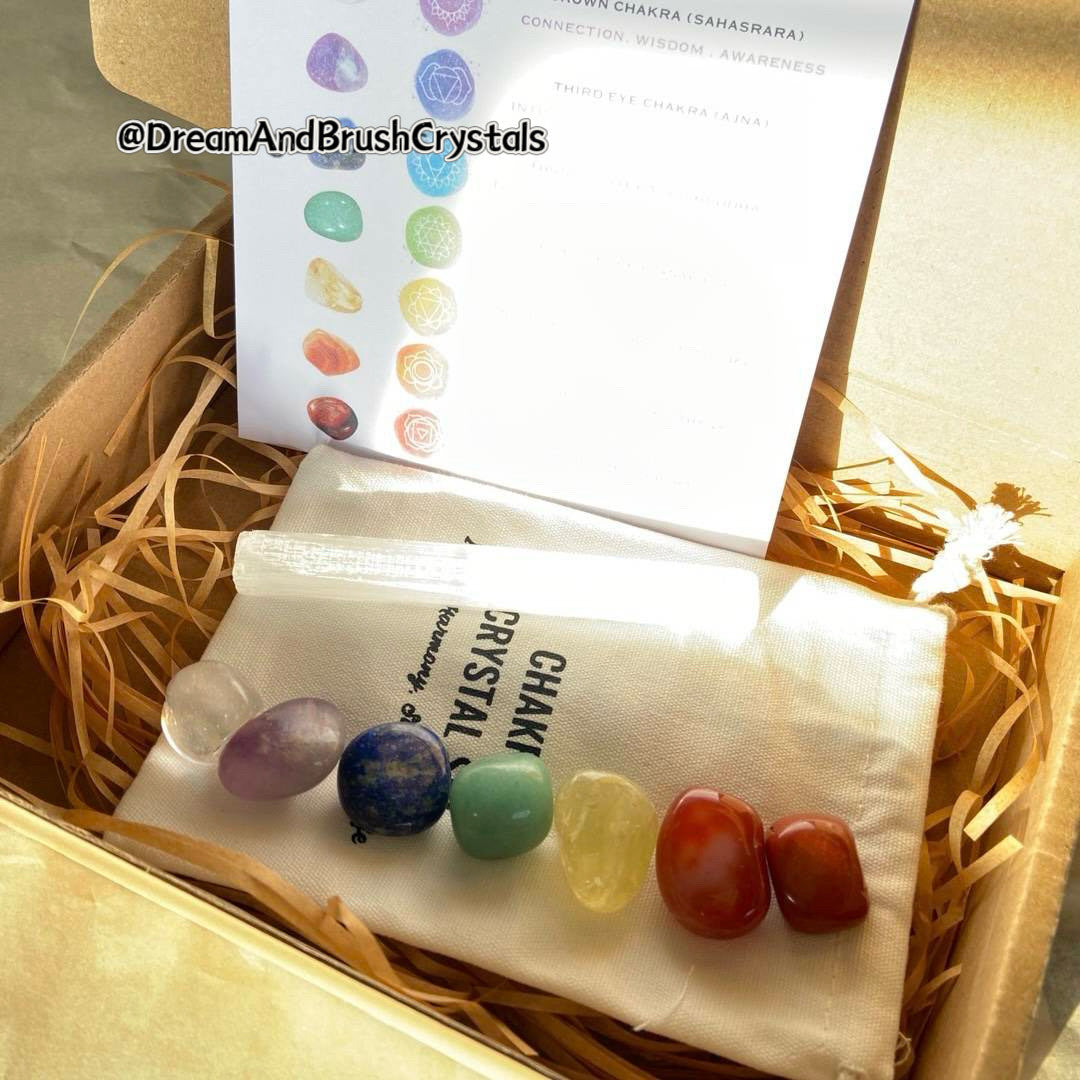 Classic 7 Chakra Healing Stone Set | Comes with 7 polished stones with a selenite stick for cleansing - Dream And Brush Crystals