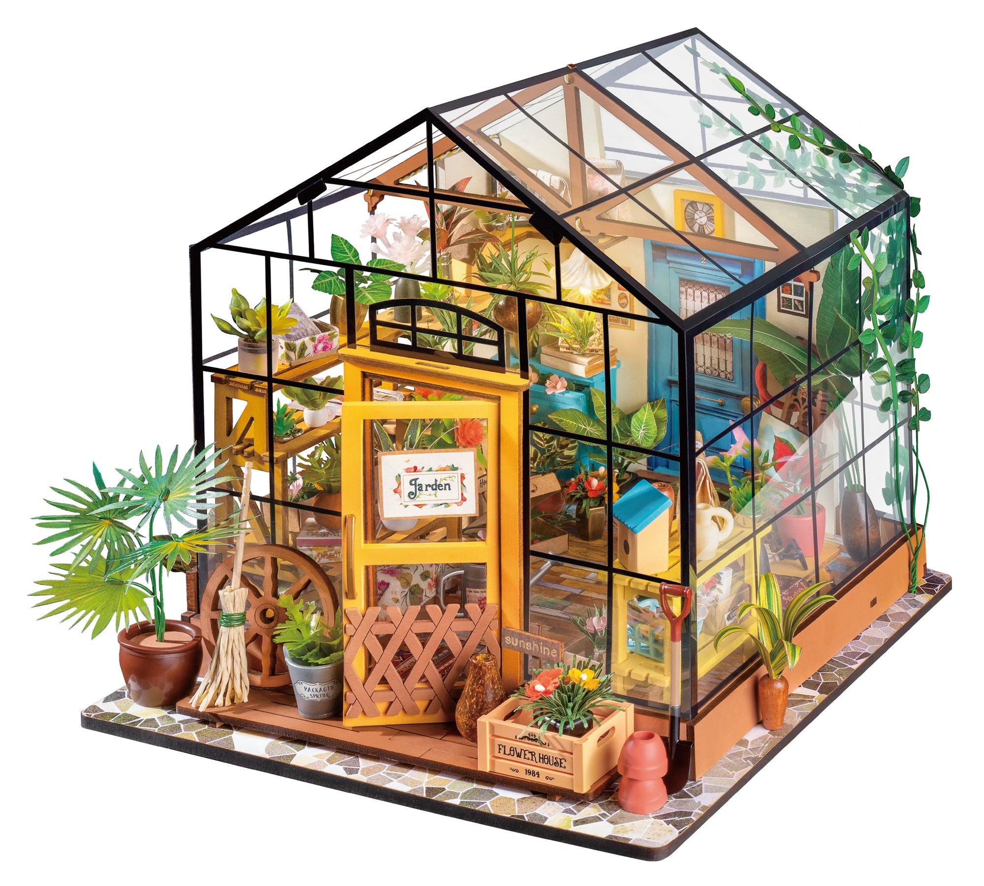 Rolife Cathy's Flower House DIY Miniature Dollhouse Kit | LED Lighted Greenhouse Model